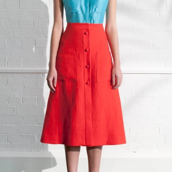 Isa Arfen Dresses & Skirts - Isa Arfen Campari Red/Orange 100% Linen A-Line Front-Button Skirt UK10 / US6